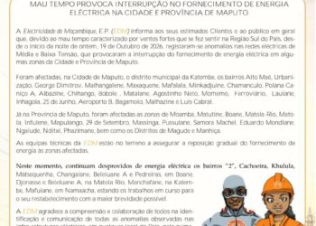 Mau tempo provoca interrupção no fornecimento de energia eléctrica em Maputo
